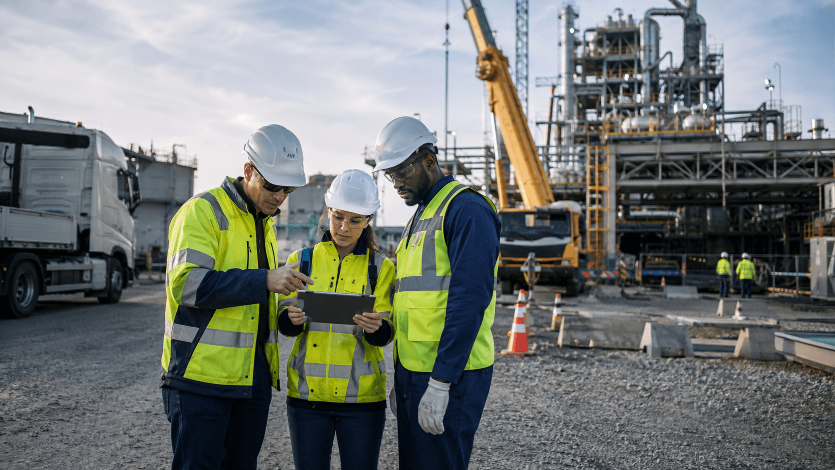 Equipo técnico coordinando tareas en entorno industrial