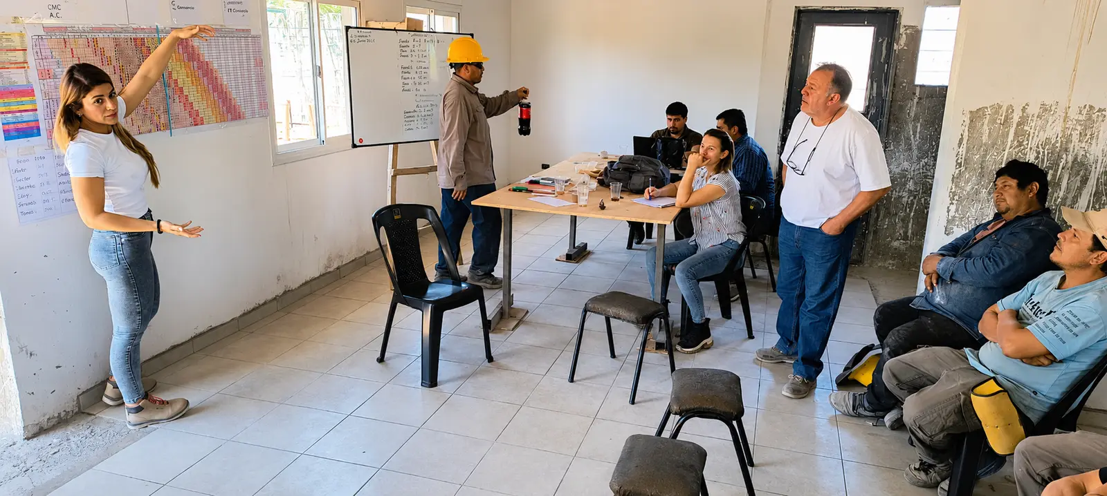 Reunión de planificación colaborativa en oficina de obra.